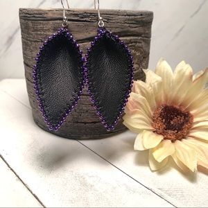 Genuine Black Leather Earring with purple …